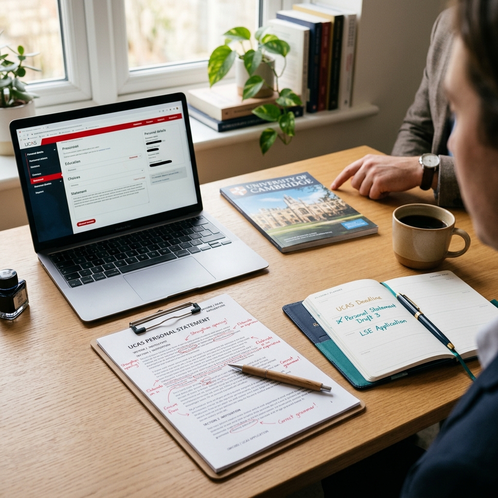 A university application mentoring workspace with a laptop, personal statement draft and planner