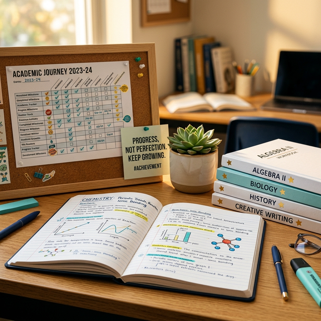 Student progress materials including completed workbooks, notes and a progress tracker