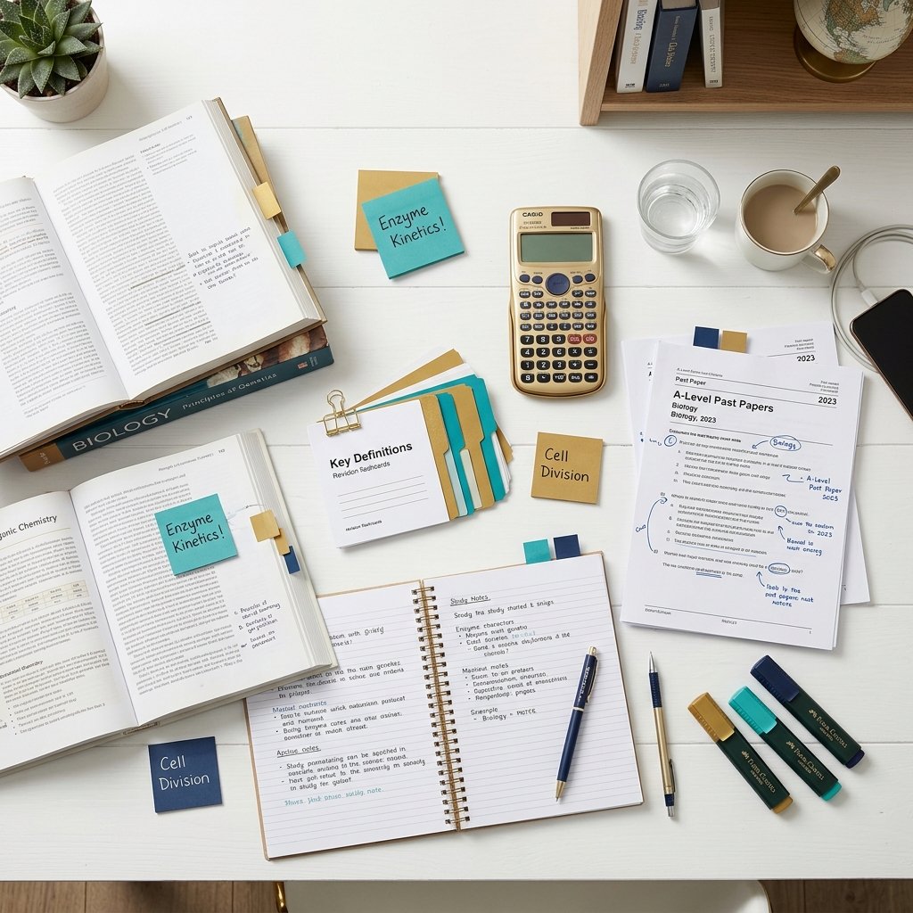 Neatly arranged exam preparation materials including textbooks, revision cards and past papers