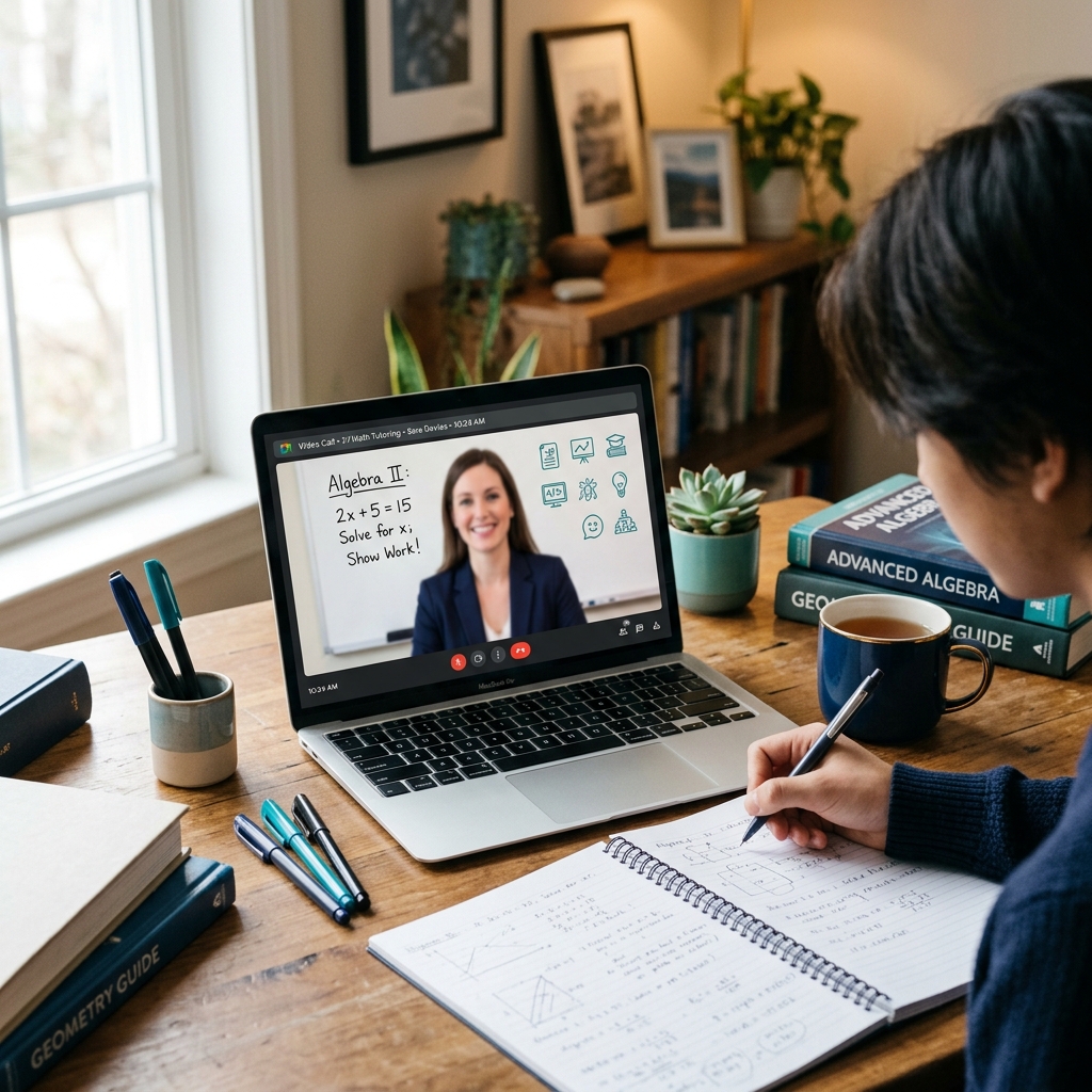 A focused online tutoring session with a laptop, notebooks and study materials on a tidy desk