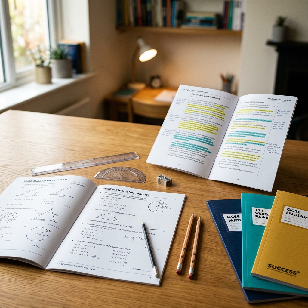 11+ and GCSE practice papers, maths worksheets and revision folders on a study desk