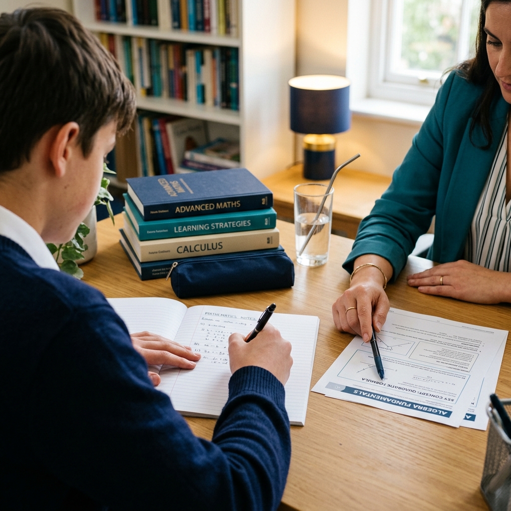 A focused tutoring session with a student working through study notes